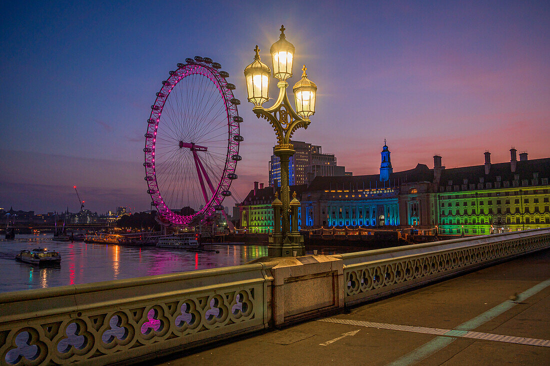 The morning view of The London Eye and London Aquarium viewed from Westminster Bridge, London, England, United Kingdom, Europe