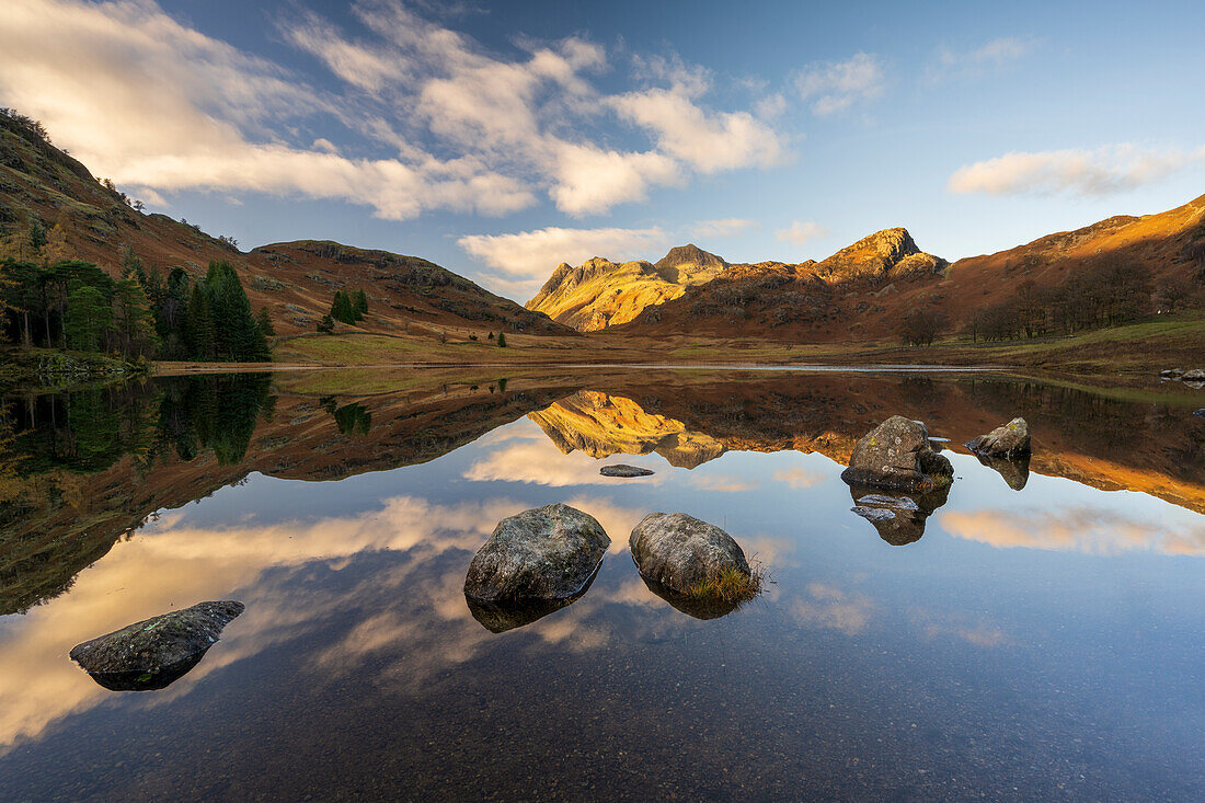 Blea Tarn mit gespiegelten Reflexionen im Herbst, Blea Tarn, Nationalpark Lake District, UNESCO-Weltkulturerbe, Cumbria, England, Vereinigtes Königreich, Europa