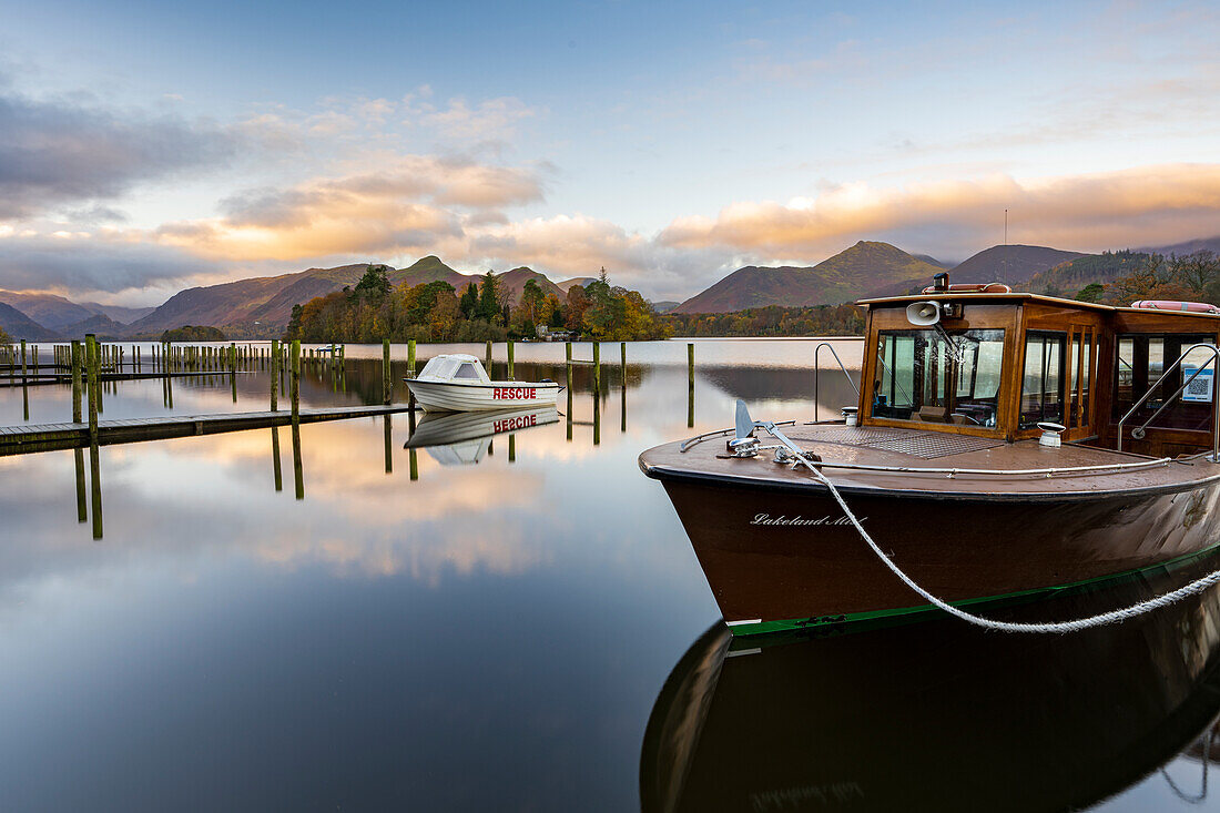 Morning view of Derwentwater in autumn, Lake District National Park, UNESCO World Heritage Site, Cumbria, England, United Kingdom, Europe