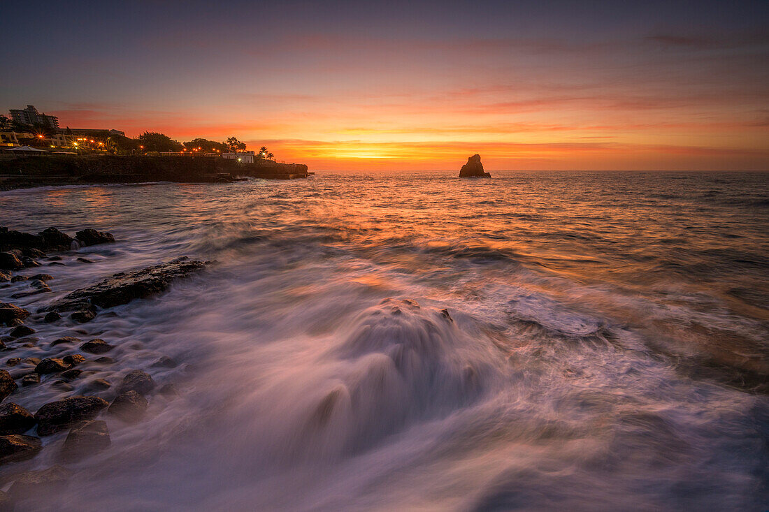 Crashing waves with fabulous sunrise, Funchal, Madeira, Portugal, Atlantic, Europe