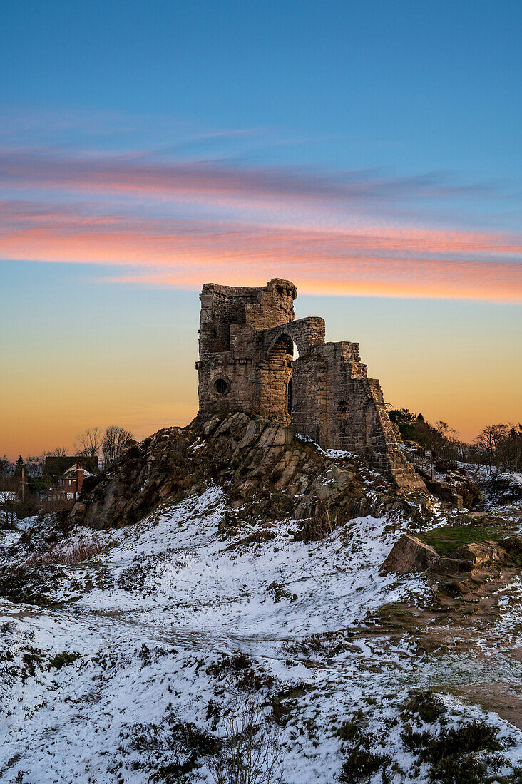 Winter and snow at the Folly of Mow Cop, Cheshire, England, United Kingdom, Europe