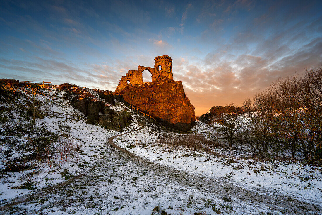 Winter sunrise at the Folly of Mow Cop, Cheshire, England, United Kingdom, Europe