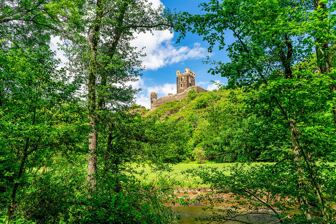 View from the wild and romantic valley of the Nette up to Wernerseck Castle in spring; warning; Rhineland-Palatinate; Germany