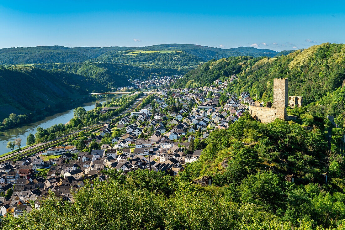 View of the Niederburg and Kobern-Gondorf in spring, Moselle, Rhineland-Palatinate, Germany