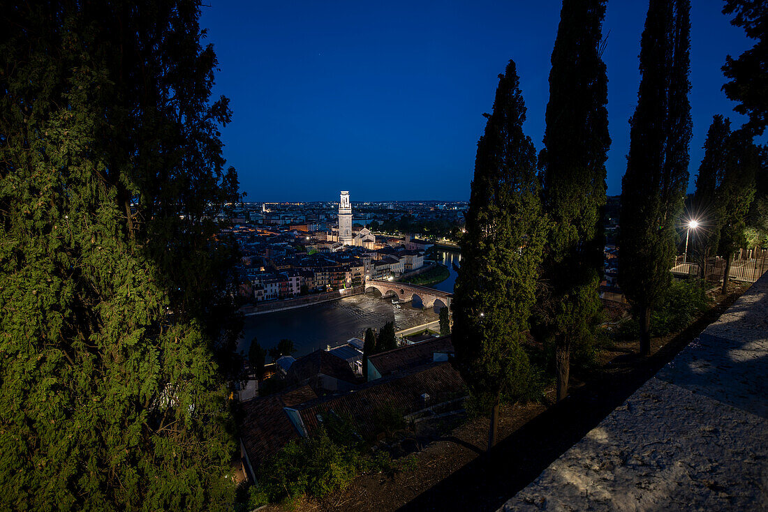 City view with Adige River, Ponte Pietra, Verona Cathedral, cypresses, Verona, Veneto, Italy
