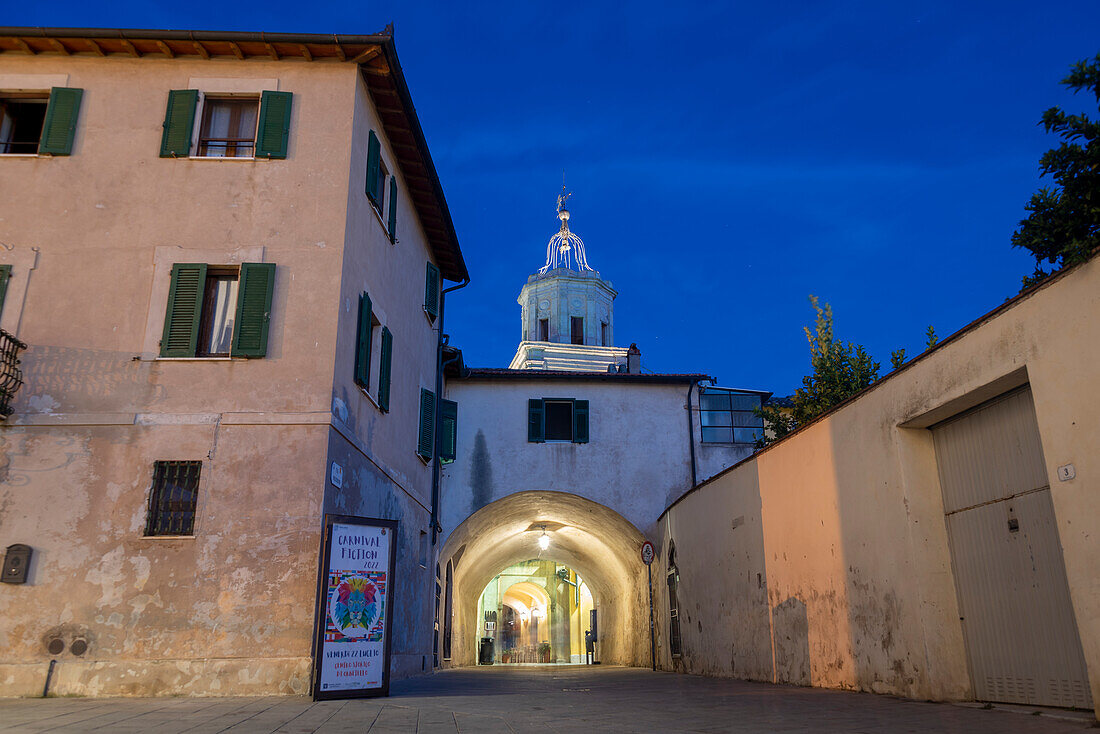 Bell tower of the Palazzo di Spagna, stands in the Piazza di Due Mondi, historic center of Orbetello, province of Grosseto, Tuscany, Italy