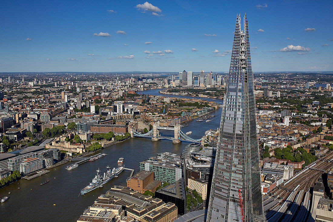 UK, London, Aerial view of the Shard and Tower Bridge