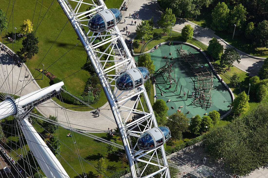 UK, London, Aerial view of London Eye and Jubilee Gardens