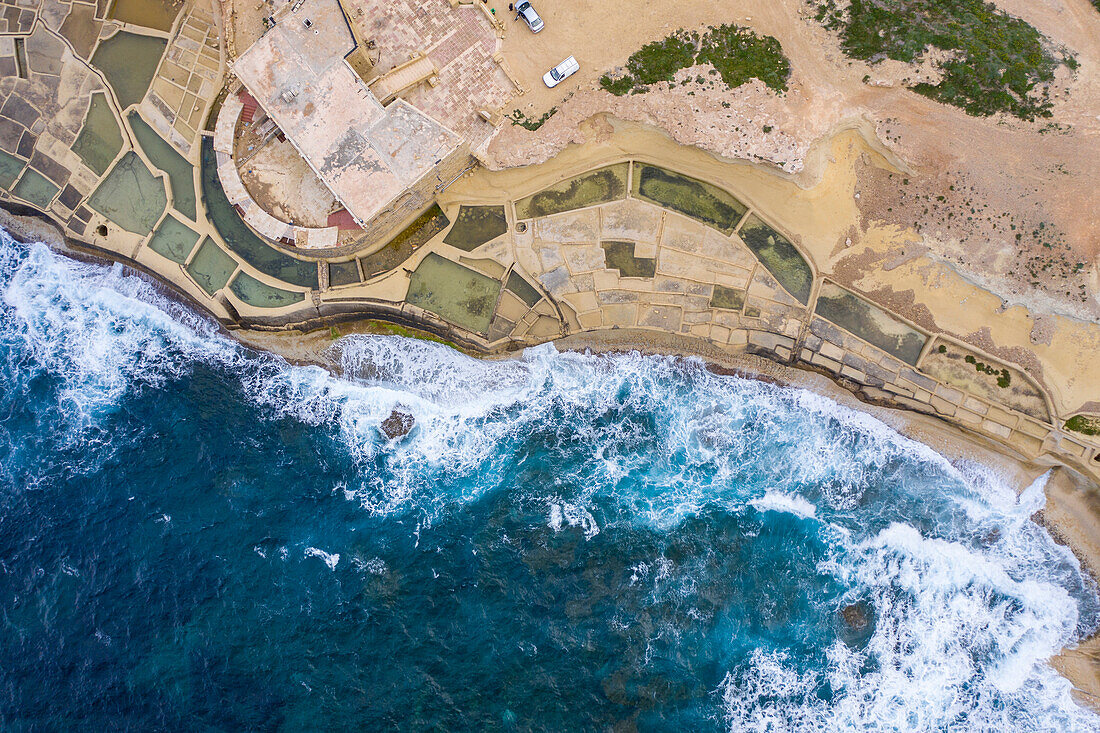 Malta, Gozo, Aerial view of Qolla l-Bajda salt pans