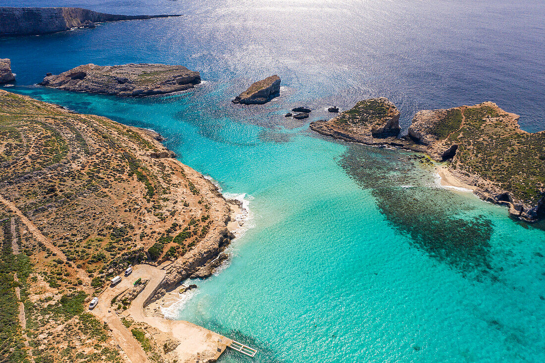 Malta, Gozo, Aerial view of lagoon in Comino Island