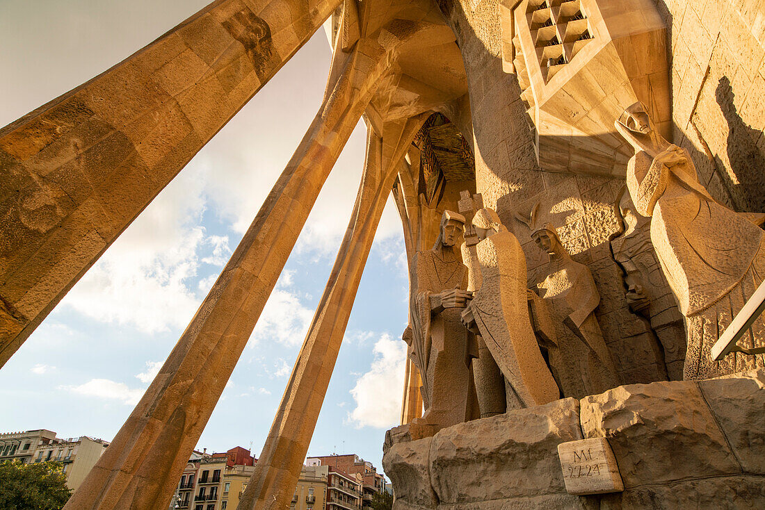 Spain, Barcelona, Low angle view of La Sagrada Familia cathedral