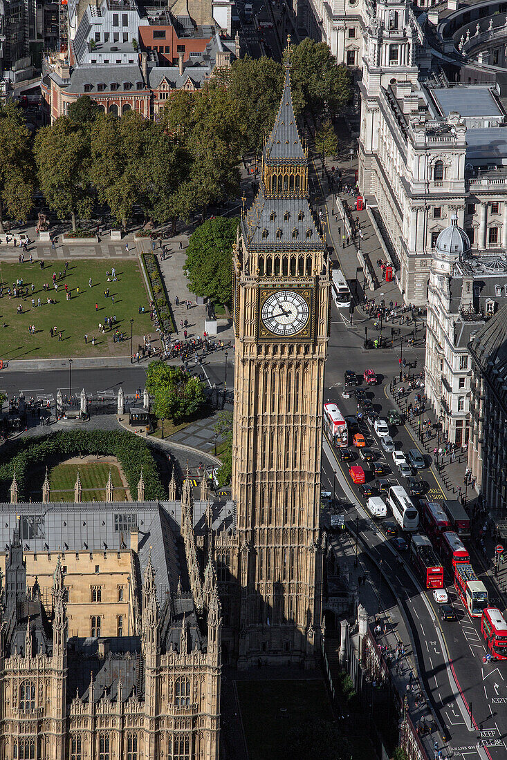 UK, London, Aerial view of Elizabeth Tower and Parliament Square