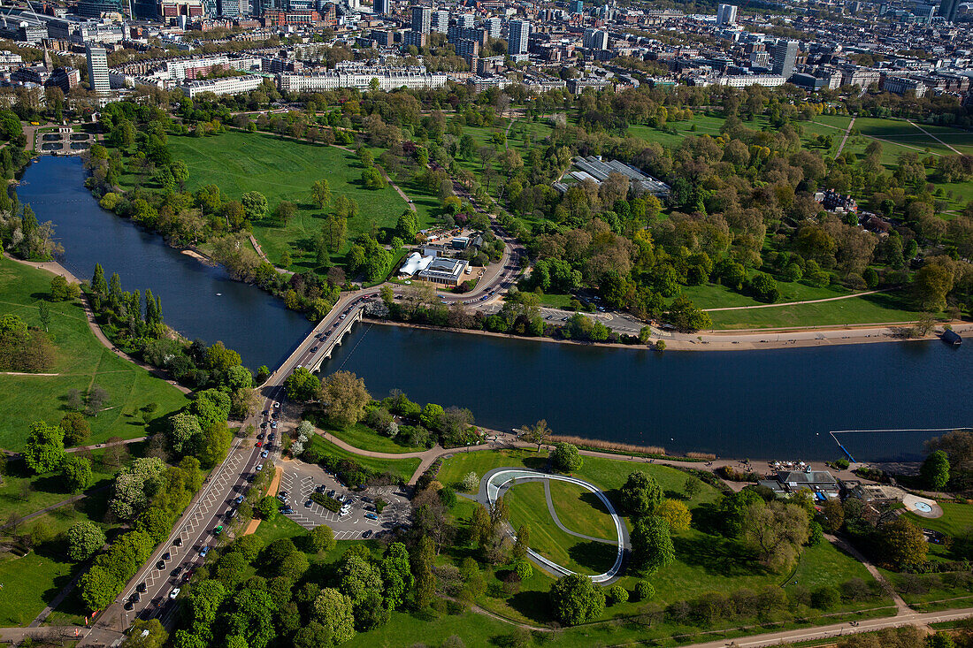 UK, London, Aerial view of Hyde Park and the Serpentine