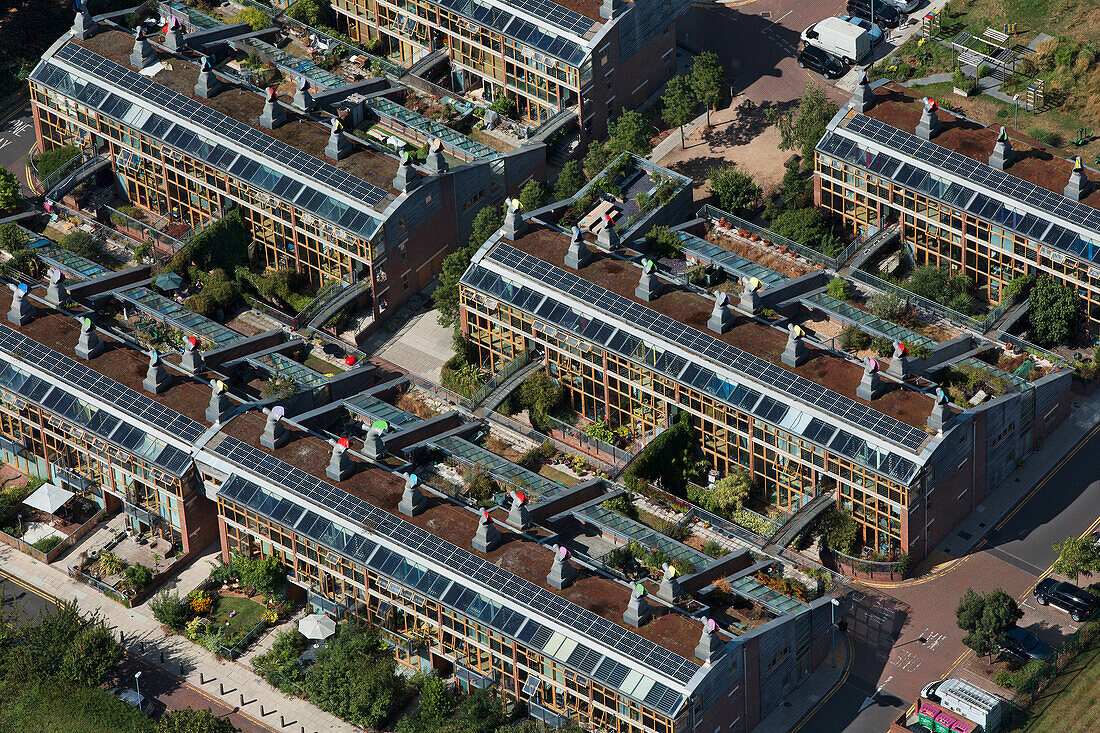 UK, London, Hackbridge, Aerial view of BedZED housing development