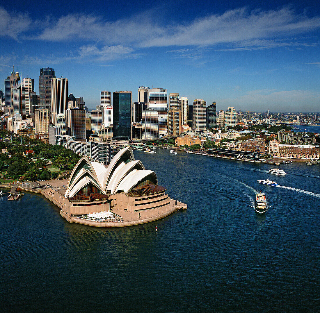 Australia, Sydney, Aerial view Sydney Opera House and skyscrapers