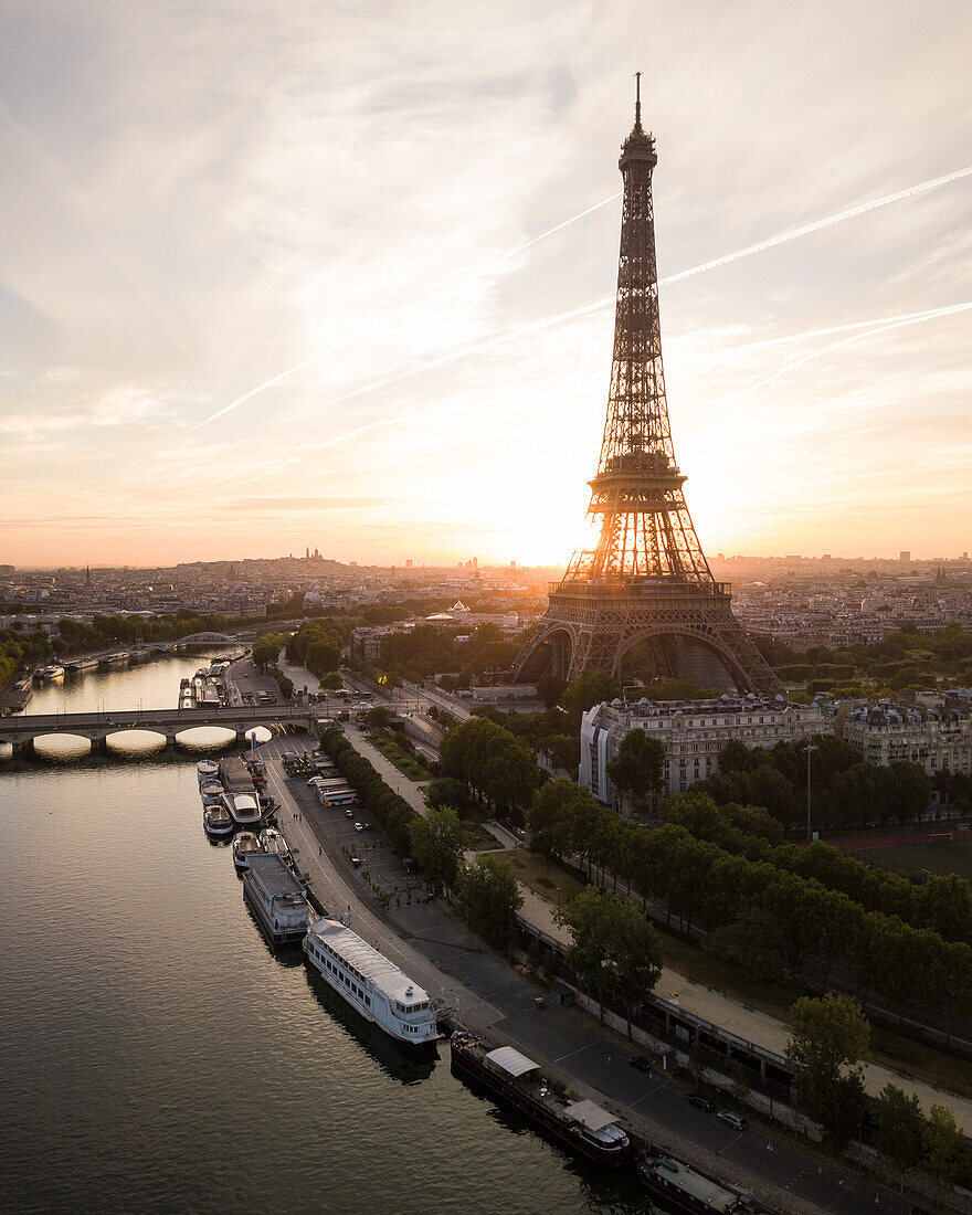 France, Paris, Eiffel Tower and Seine river at sunset