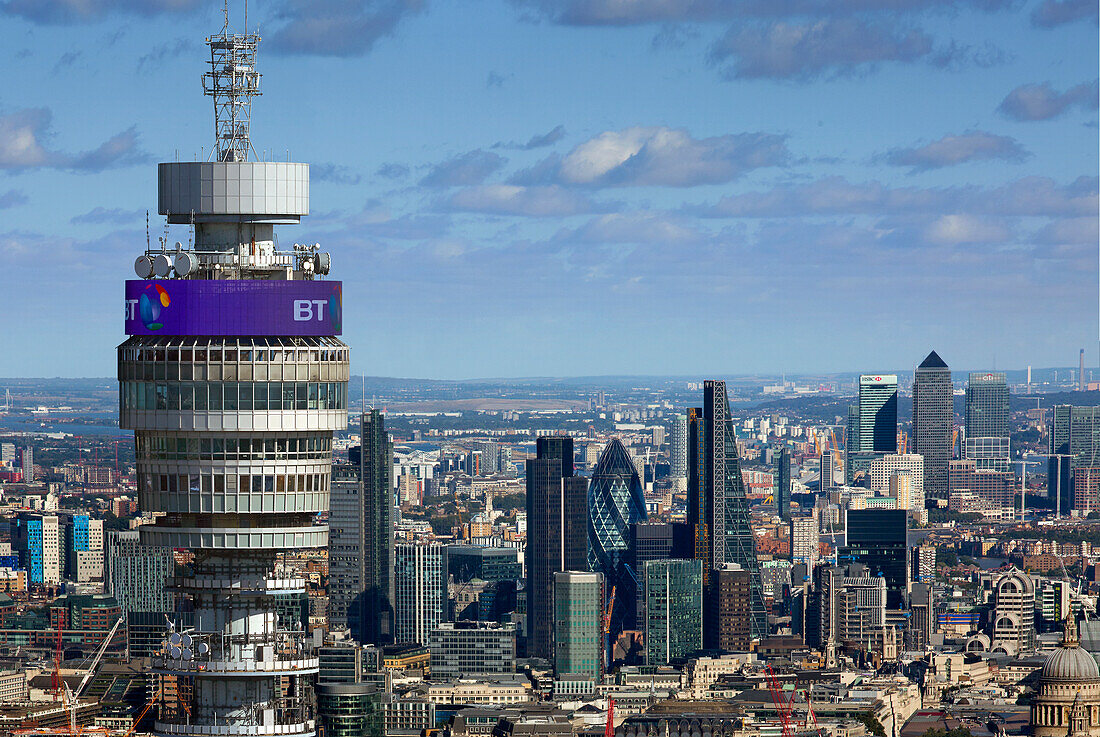 UK, London, City of London skyscrapers with BT Tower in foreground