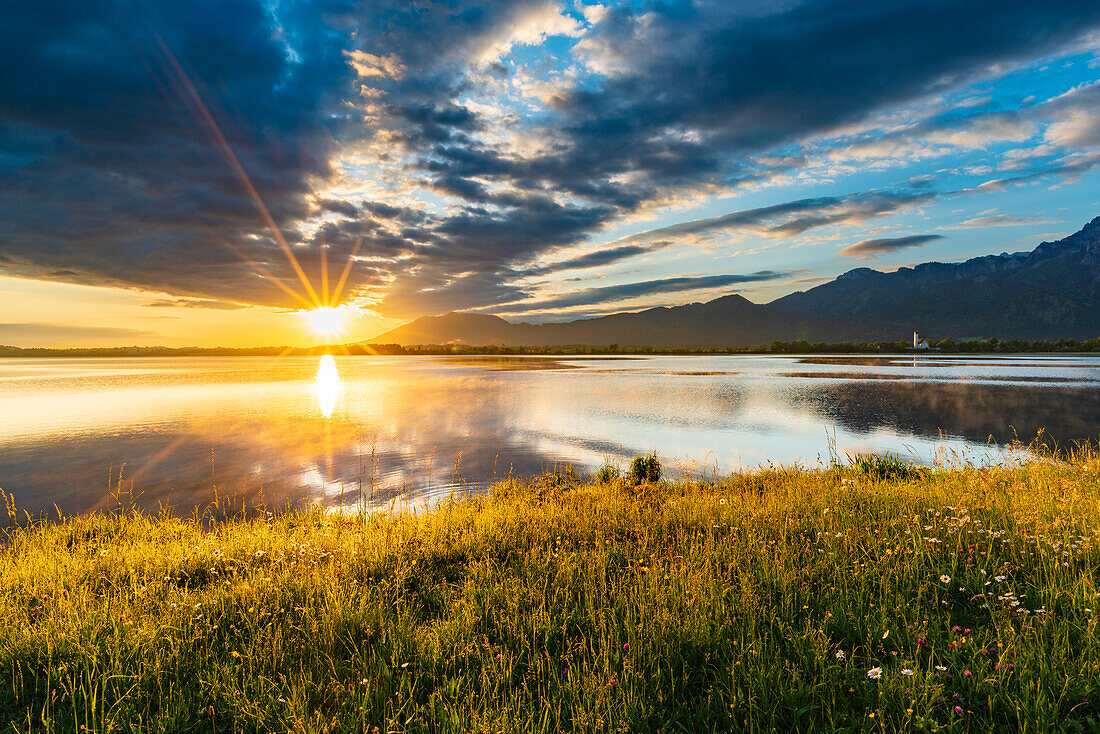 Sonnenaufgang am Forggensee, Ostallgäu, Allgäu, Schwaben, Bayern, Deutschland, Europa