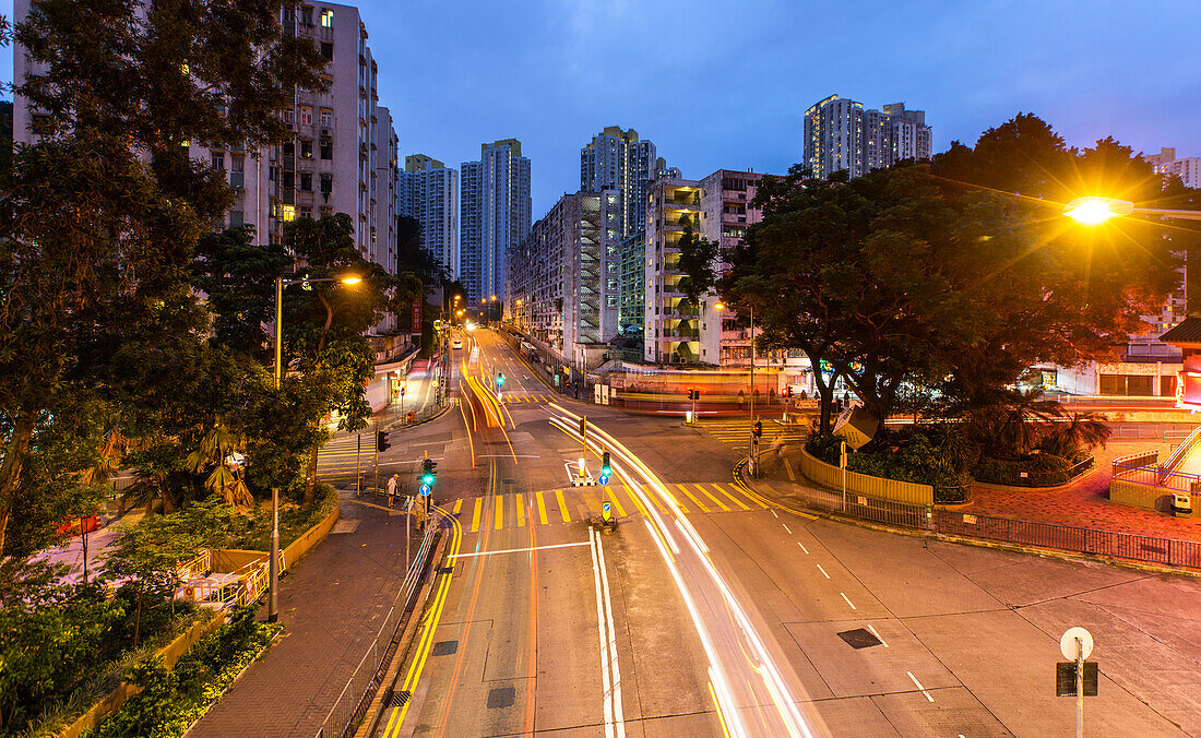 View of light trails on city street of Hong Kong