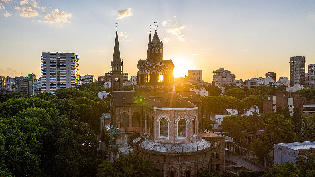 Aerial view of cityscape during sunrise