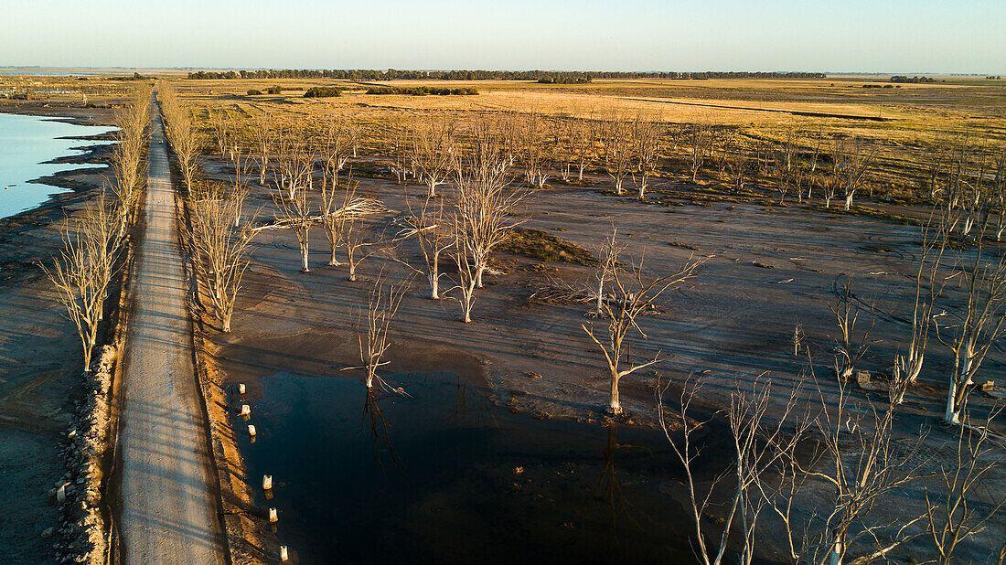 Aerial view of highway passing by Laguna Epecuen
