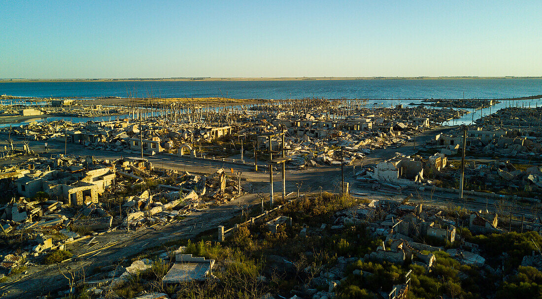 Aerial view of abandoned village by coastline, Villa Epecuen