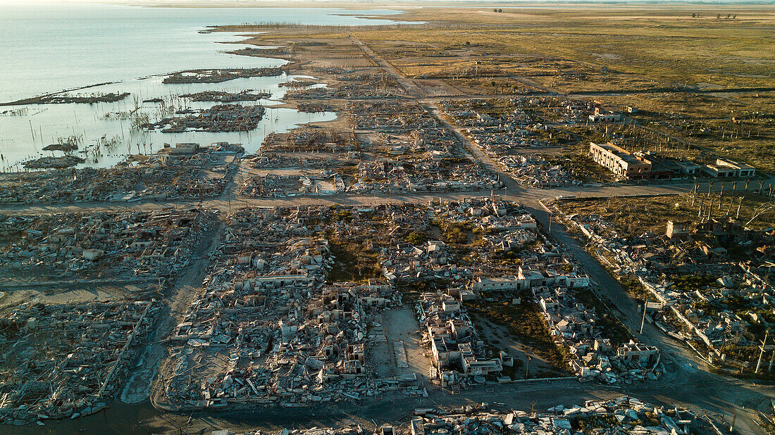 Aerial view of abandoned village by coastline, Villa Epecuen