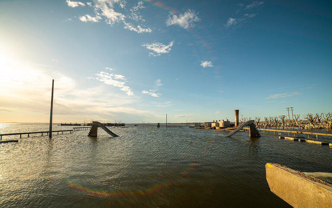 View of old ruins and flood at Villa Epecuen