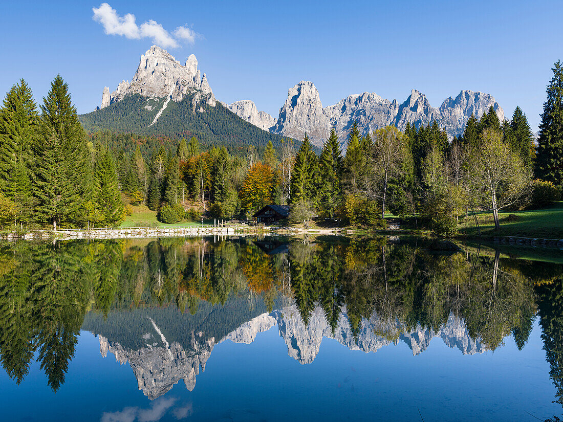 Lago Welsperg. Valle del Canali in the mountain range Pale di San Martino, part of UNESCO World Heritage Site, Dolomites, in the Dolomites of the Primiero. Italy.