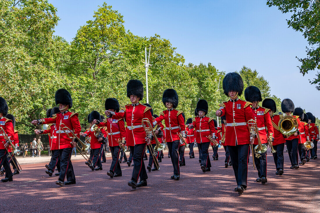 Guards Military Band marschieren in Richtung Buckingham Palace auf der Mall, London, England, Vereinigtes Königreich, Europa