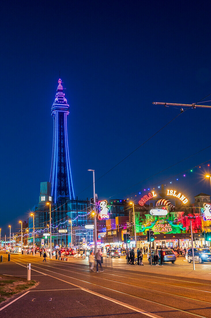 The Golden Mile and Blackpool Tower at night, Blackpool, Lancashire, England, United Kingdom, Europe