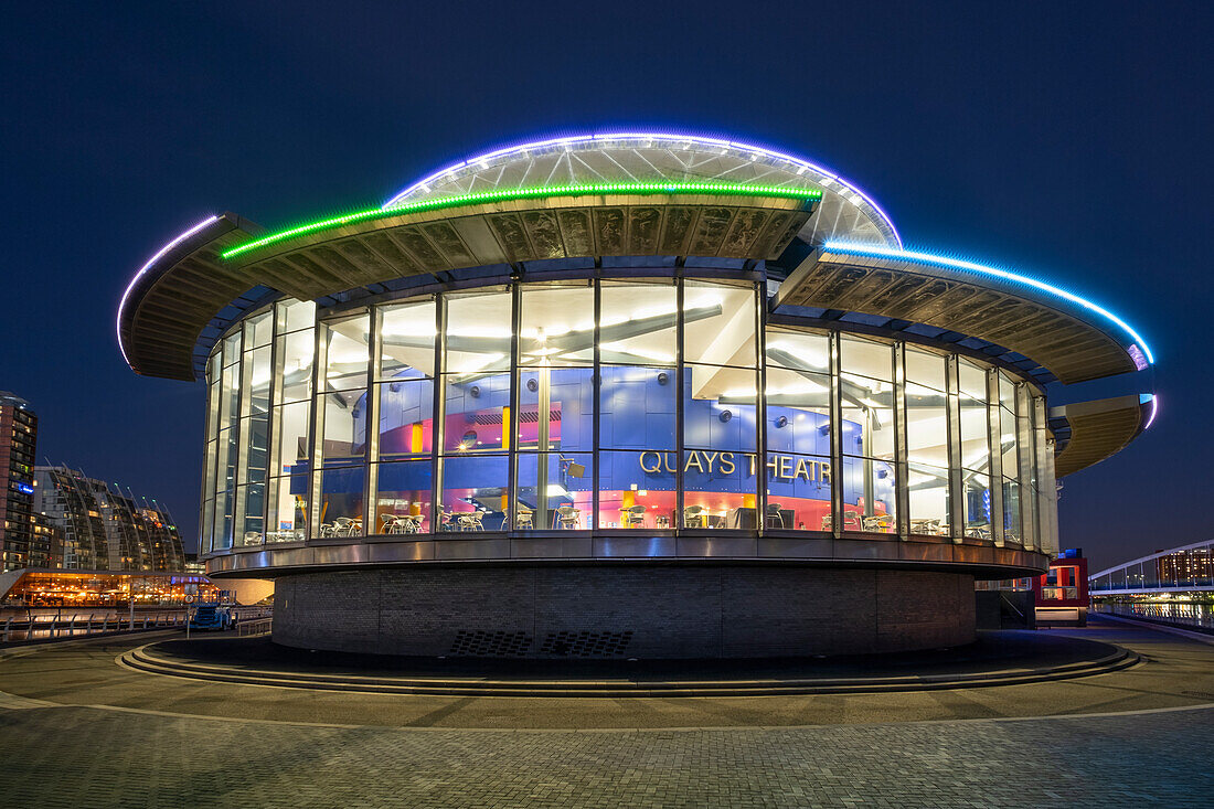 The Lowry Centre Theatre at night, Salford Quays, Salford, Manchester, England, United Kingdom, Europe