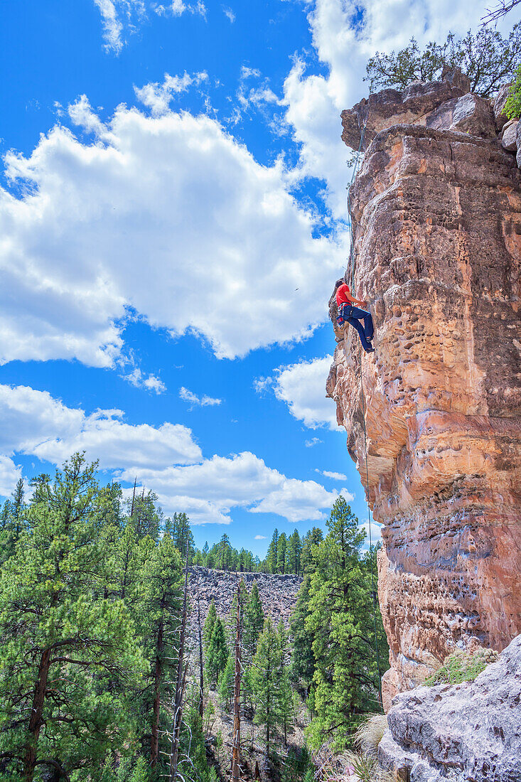 Mann beim Klettern in The Pit (Le Petit Verdon) in Sandy's Canyon, Flagstaff, Arizona, Vereinigte Staaten von Amerika, Nordamerika