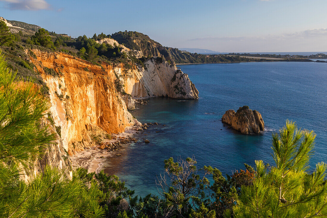 Elevated view over the White Rocks Cliff, Kefalonia, Ionian Islands, Greek Islands, Greece, Europe