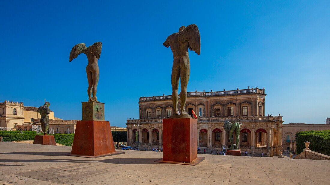 Mitoraj sculpture in front of Palazzo Ducezio, Noto, Siracusa, Sicily, Italy, Europe
