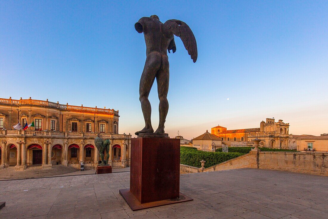 Mitoraj sculpture in front of Palazzo Ducezio, Noto, Siracusa, Sicily, Italy, Europe