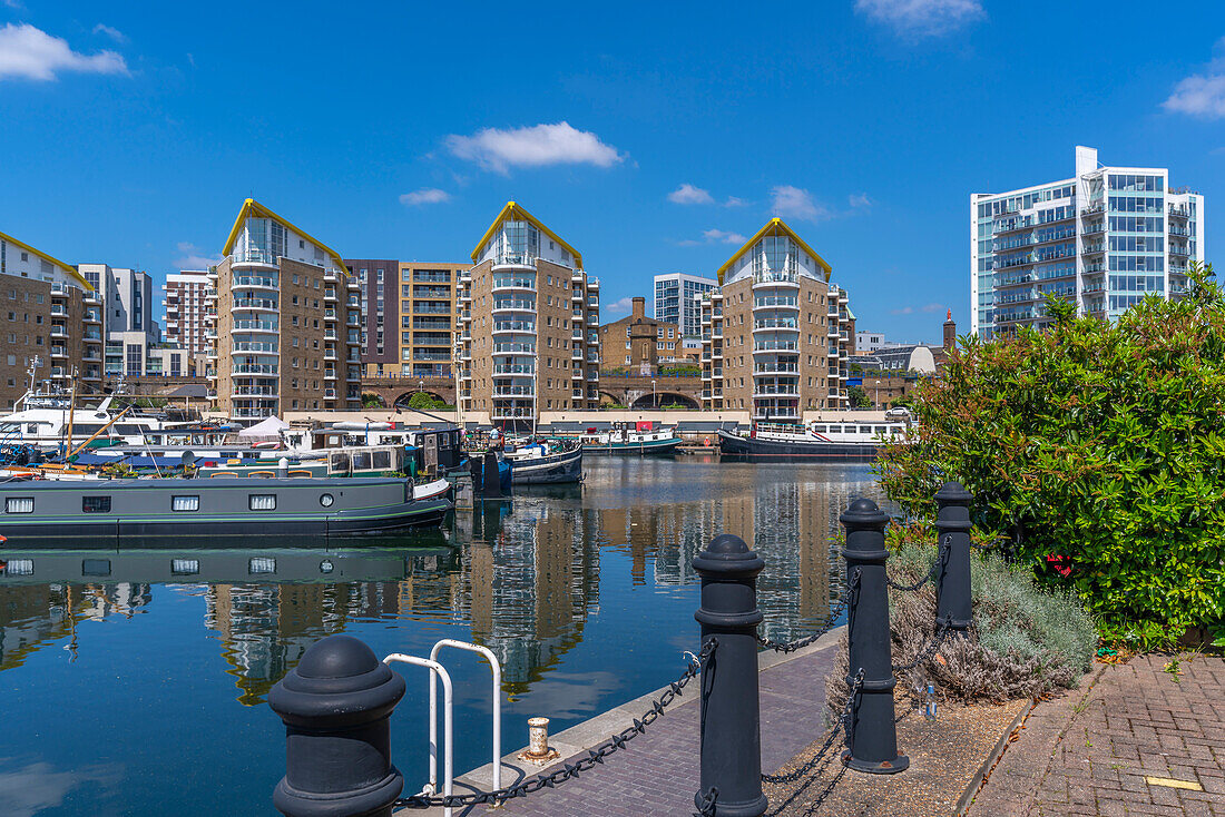 View of the marina at the Limehouse Basin, Tower Hamlets, London, England, United Kingdom, Europe