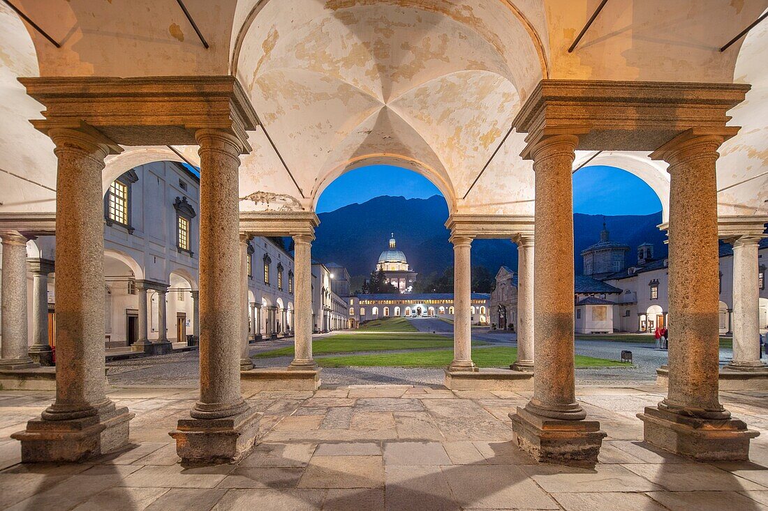 The cloister of the Ancient Basilica, Sanctuary of Oropa, Biella, Piedmont, Italy, Europe