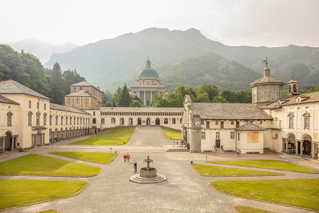 The cloister of the Ancient Basilica, Sanctuary of Oropa, Biella, Piedmont, Italy, Europe