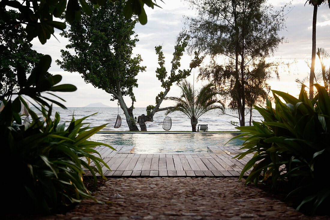 Cambodia, Hotel swimming pool overlooking ocean