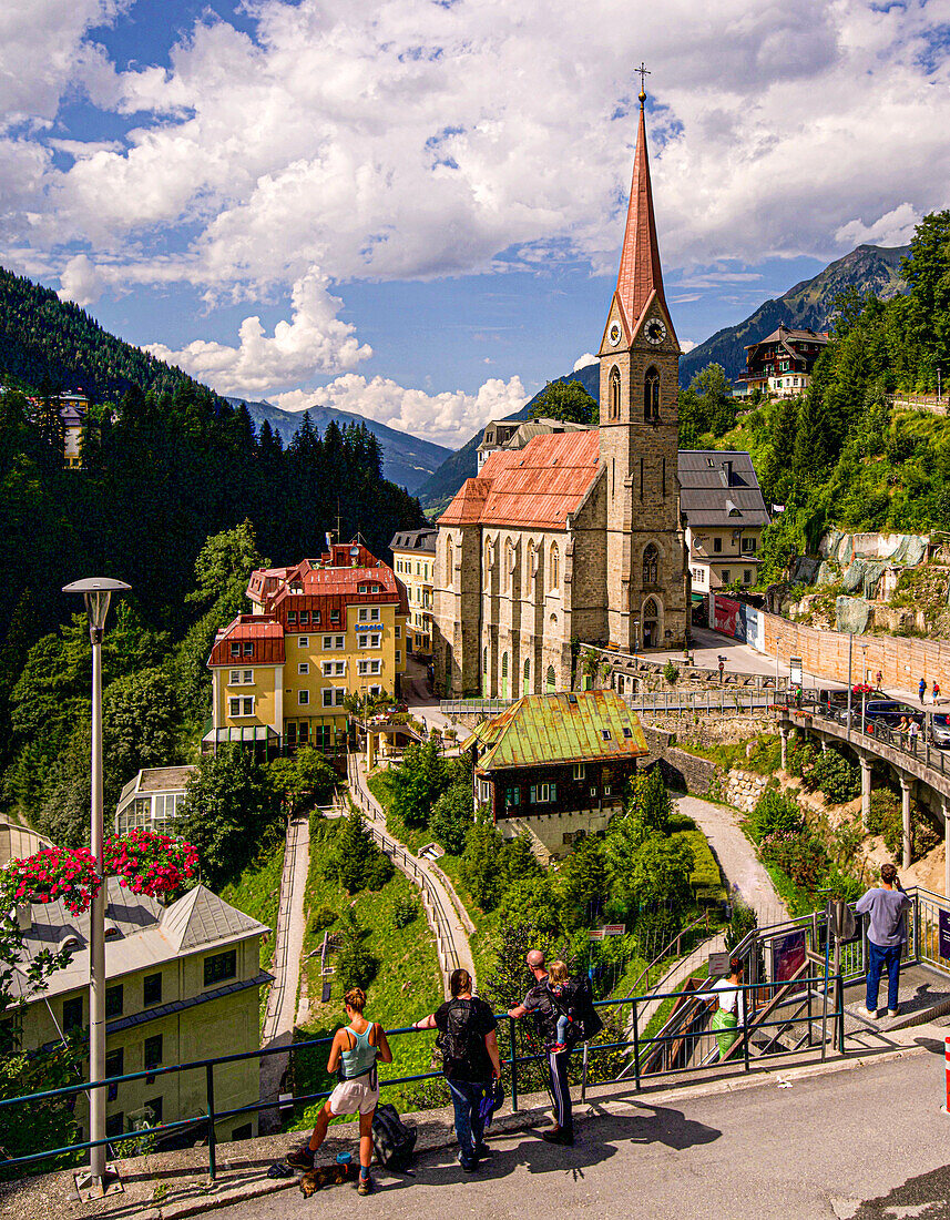 Thermal spring park and parish church in Bad Gastein, Gasteinertal, Salzburger Land, Austria