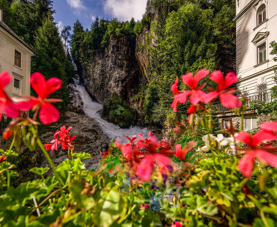 View from the waterfall bridge to the middle waterfall in Bad Gastein, Salzburger Land, Austria