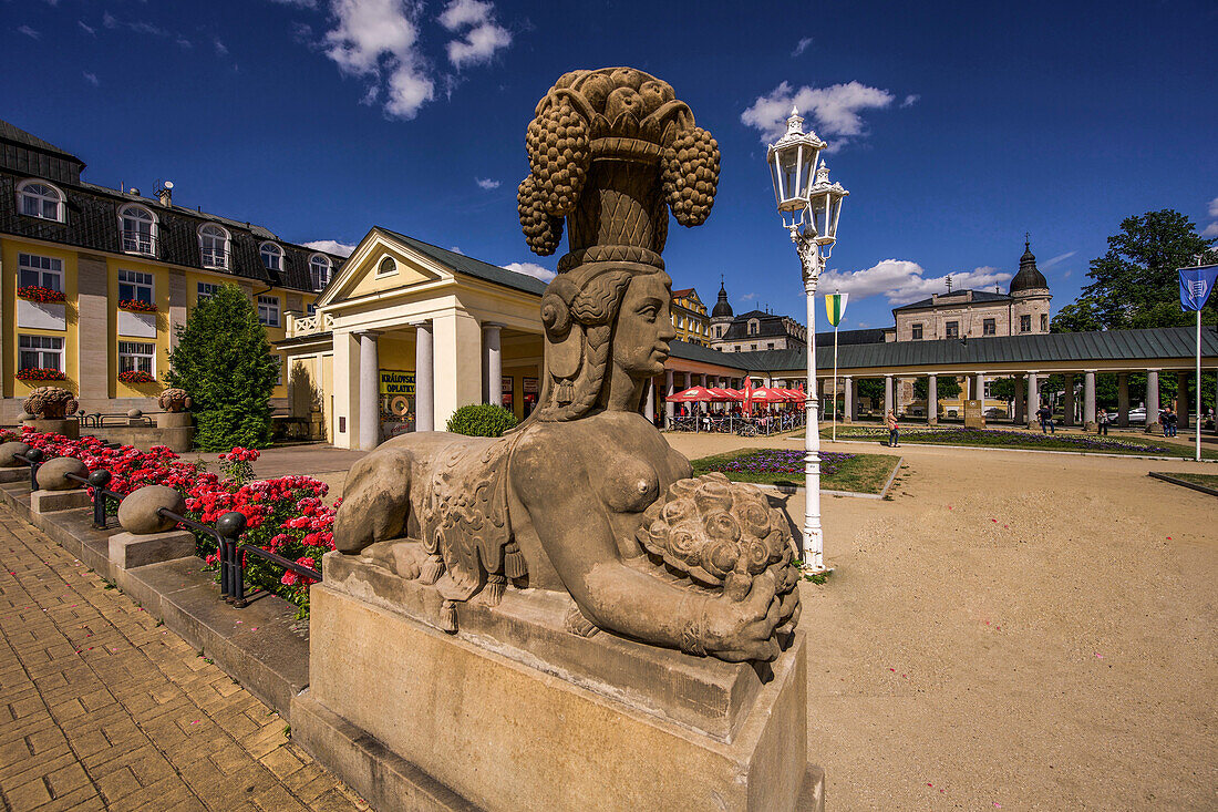 Sphinx in front of the New Colonnade in Františkovy Lázně, Frantiskovy Lázne; Czech Republic