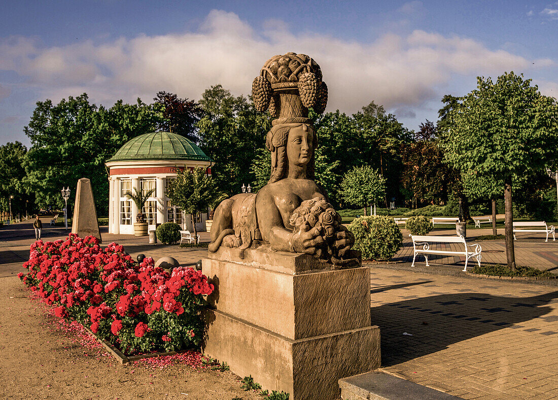 Sphinx and pavilion of the Franzensquelle at the Kurallee in the morning light, Františkovy Lázně, Frantiskovy Lázne, Czech Republic