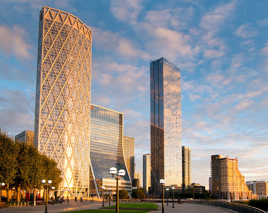 Canary Wharf towers from Westferry Circus, Docklands, London, England, United Kingdom, Europe