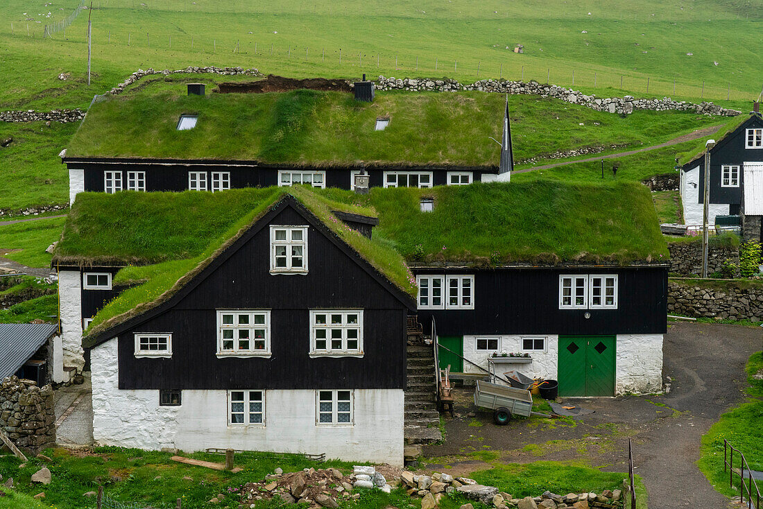Häuser mit Rasendächern, Insel Mykines, Färöer, Dänemark, Europa
