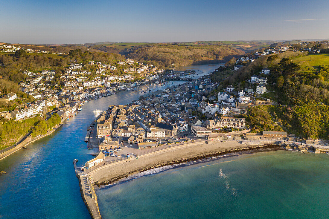 Aerial view of the beautiful Cornish fishing town of Looe on a sunny spring morning, Looe, Cornwall, England, United Kingdom, Europe