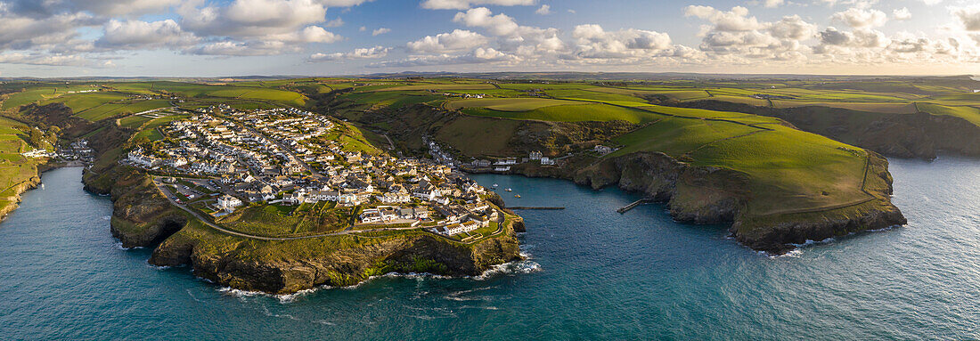 Aerial view of Port Isaac and surrounding coastline, North Cornwall, England, United Kingdom, Europe