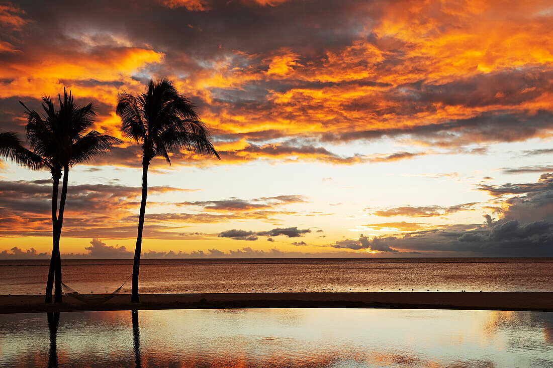 Palm trees silhouetted against red clouds reflect in an infinity pool during sunset over a beach at Flic en Flac, Mauritius, Indian Ocean, Africa