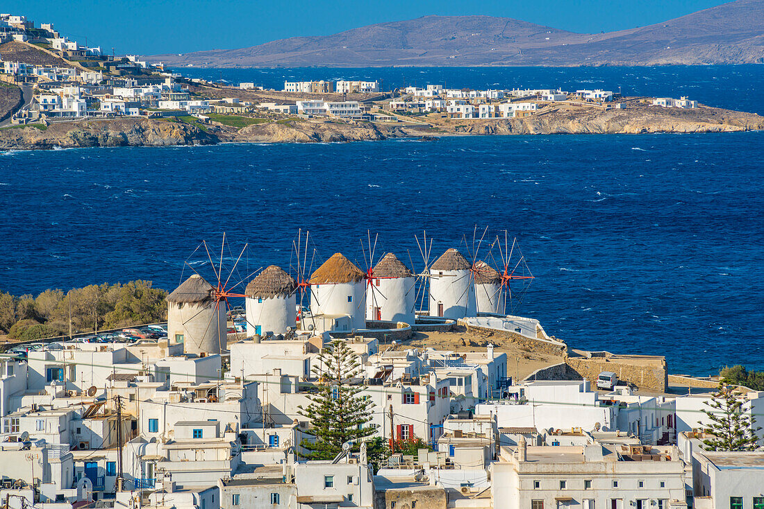 Erhöhten Blick auf Mühlen und Stadt, Mykonos-Stadt, Mykonos, Kykladen, griechische Inseln, Ägäis, Griechenland, Europa